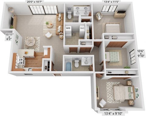 Floor plan for 3 beds, 2 baths, 1254 sqft